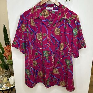 Vintage Alfred Dunner Blouse-  Horse Watch Chain‎ Print Pink. Size 18W